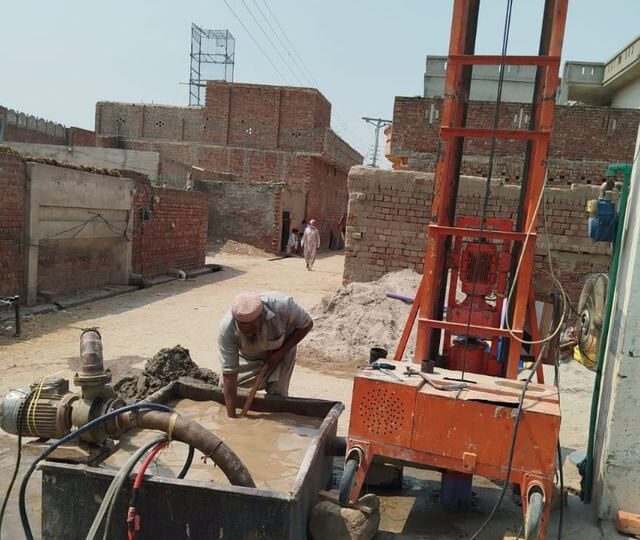 A rig set up in a village street