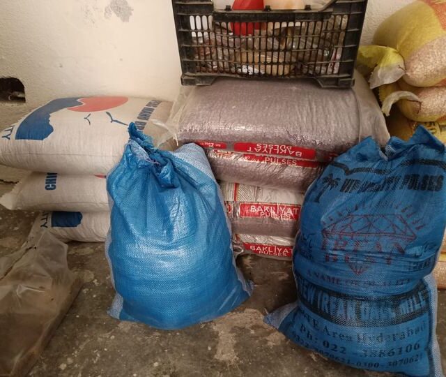 Packed sacks awaiting collection